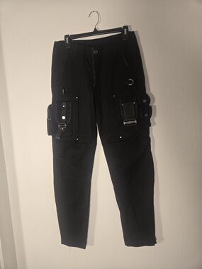 Men's Black Utility Cargo Pants with Buckle Details